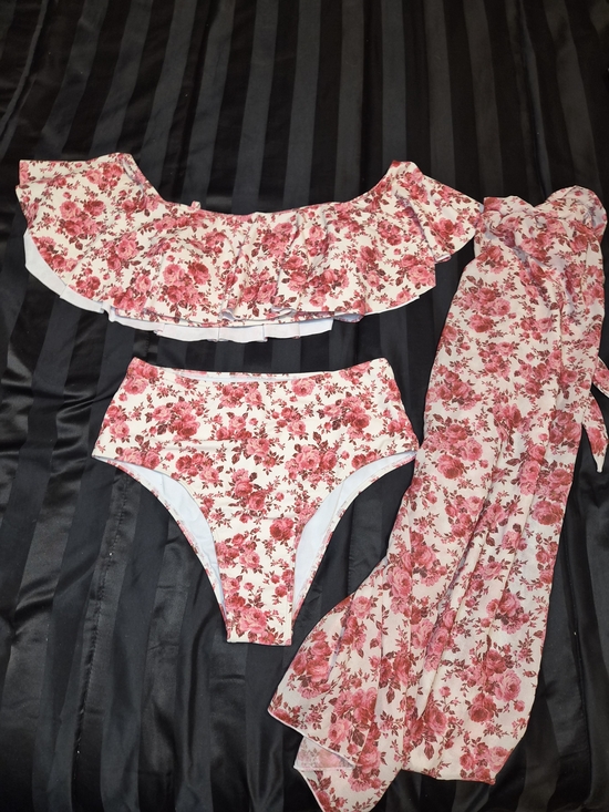 SHEIN Other - Floral Off-Shoulder Bikini Set with Sarong - Pink Floral 3 Piece